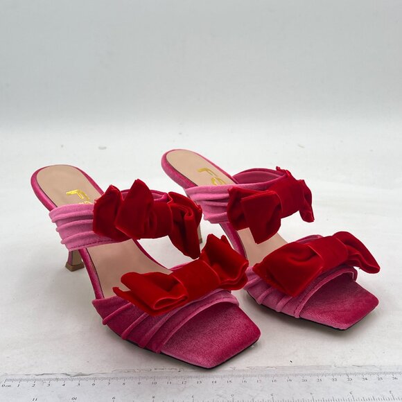 FSJ Pink Velvet Two Bows Open Toe Mules Stiletto High Heel Slip On Party Shoes - Picture 4 of 8
